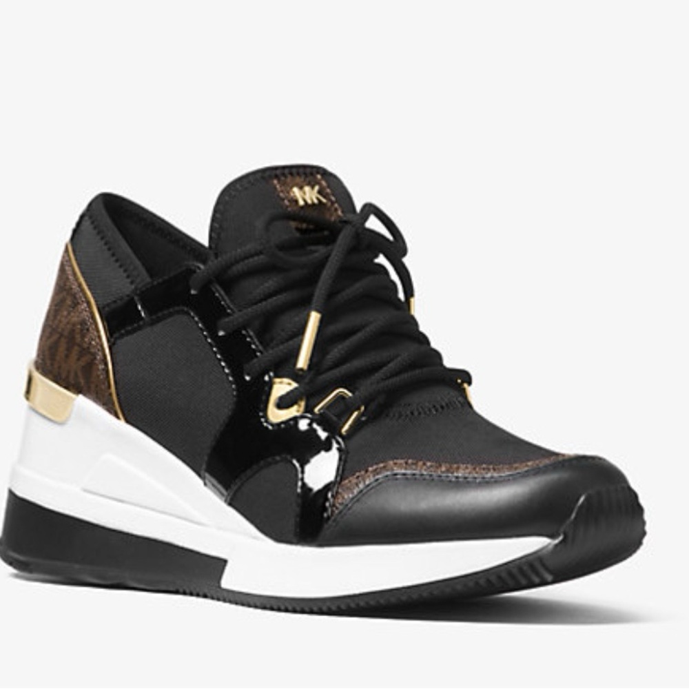Michael Kors Women's Black and Gold Sneakers (Liv Logo Mixed-Media Trainer)